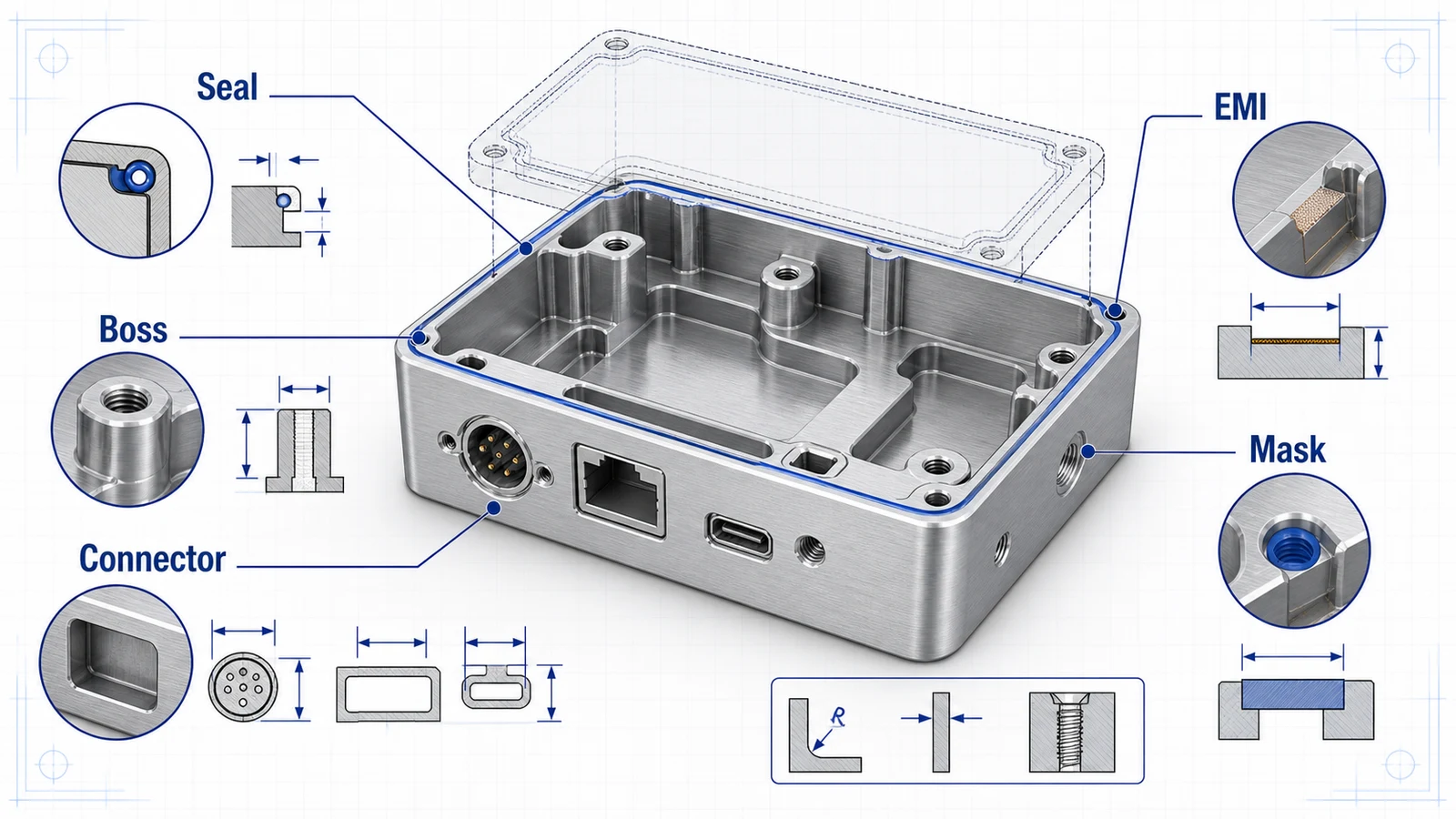 CNC machined aluminum housing with lid interface, O-ring groove, connector faces, threaded bosses, EMI land, and anodize masking
