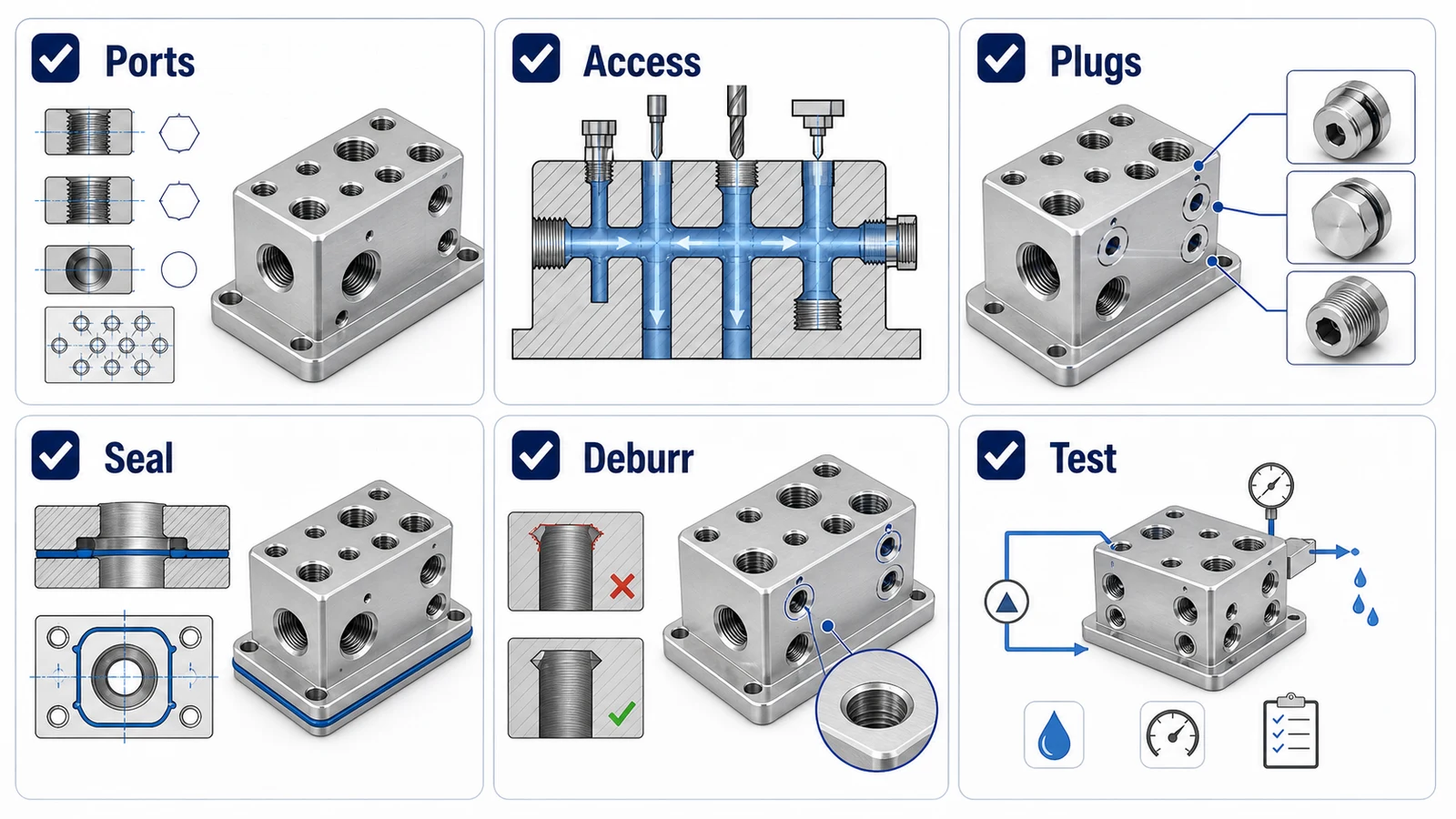 CNC machined aluminum manifold block checklist for ports, access, plugs, sealing, deburring, and testing
