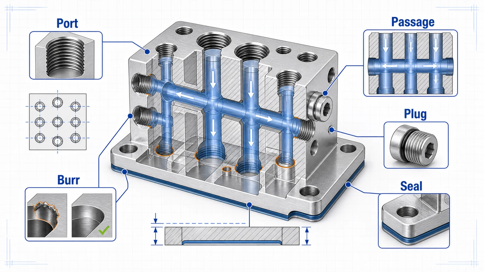 Aluminum manifold block cutaway diagram showing internal passages, cross holes, threaded ports, plugs, sealing face, and burr control zones