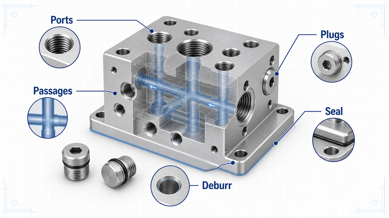 CNC machined aluminum manifold block with threaded ports, drilled passages, plugs, sealing face, and deburring callouts