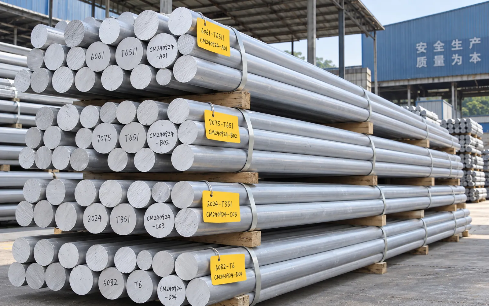 Close view of aluminum bar bundles with the alloy and temper hand-marked on the cut ends and a matching tag showing the same designation and heat number