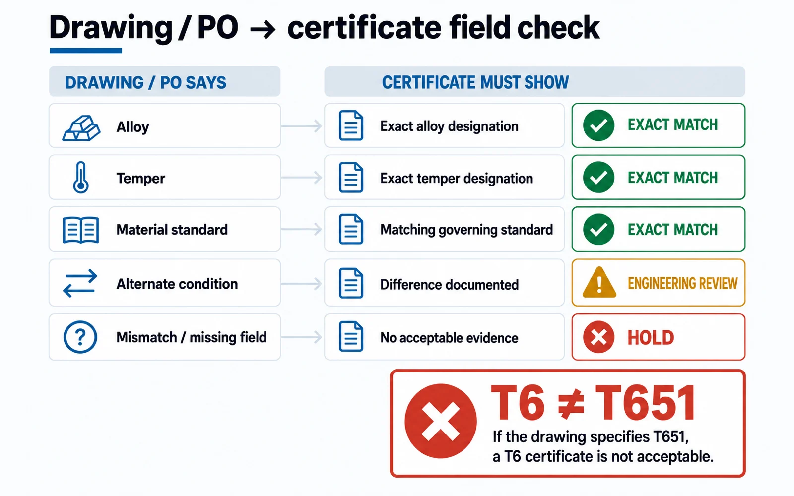 Diagram matching drawing and purchase order callouts on the left to the corresponding mill certificate fields on the right, with the exact-match rules marked between them