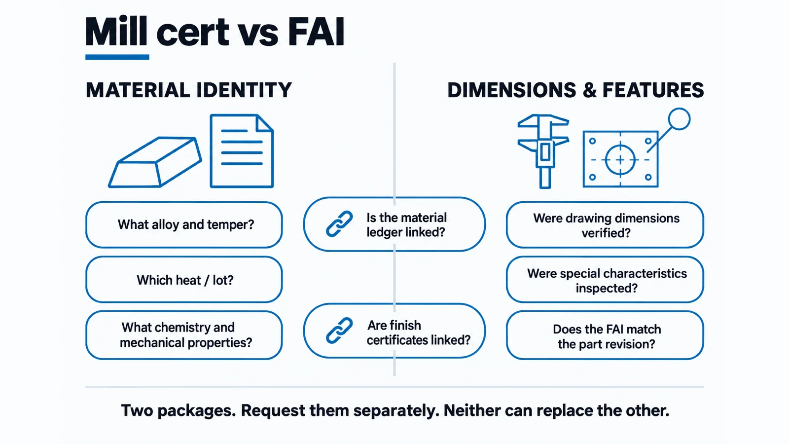 Diagram drawing the boundary between what a mill certificate answers about the material and what a first article inspection answers about the machined part