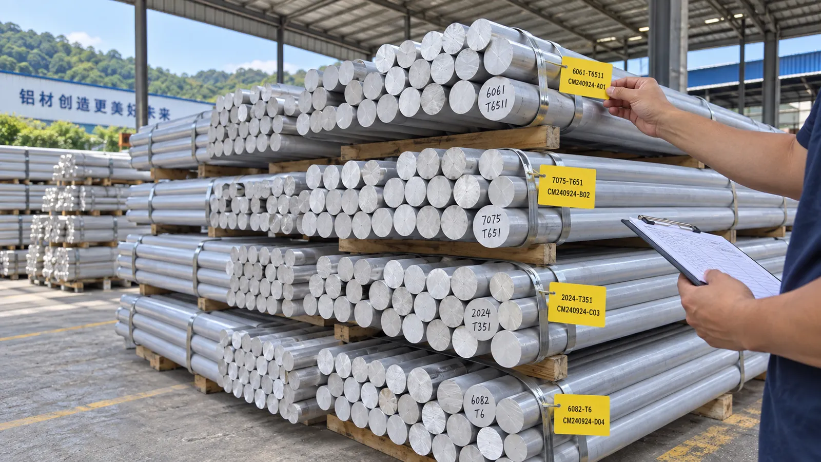 Stacked bundles of aluminum bar in a mill yard, each bundle carrying a yellow tag with its alloy-temper and heat number, the same designation hand-marked on the bar ends, while a receiver checks them against a clipboard