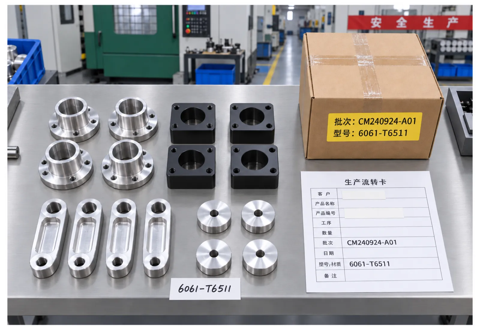 Machined aluminum parts laid out on a bench beside a shipping carton and a production traveler card, all three labeled with the same lot number and 6061-T6511 designation