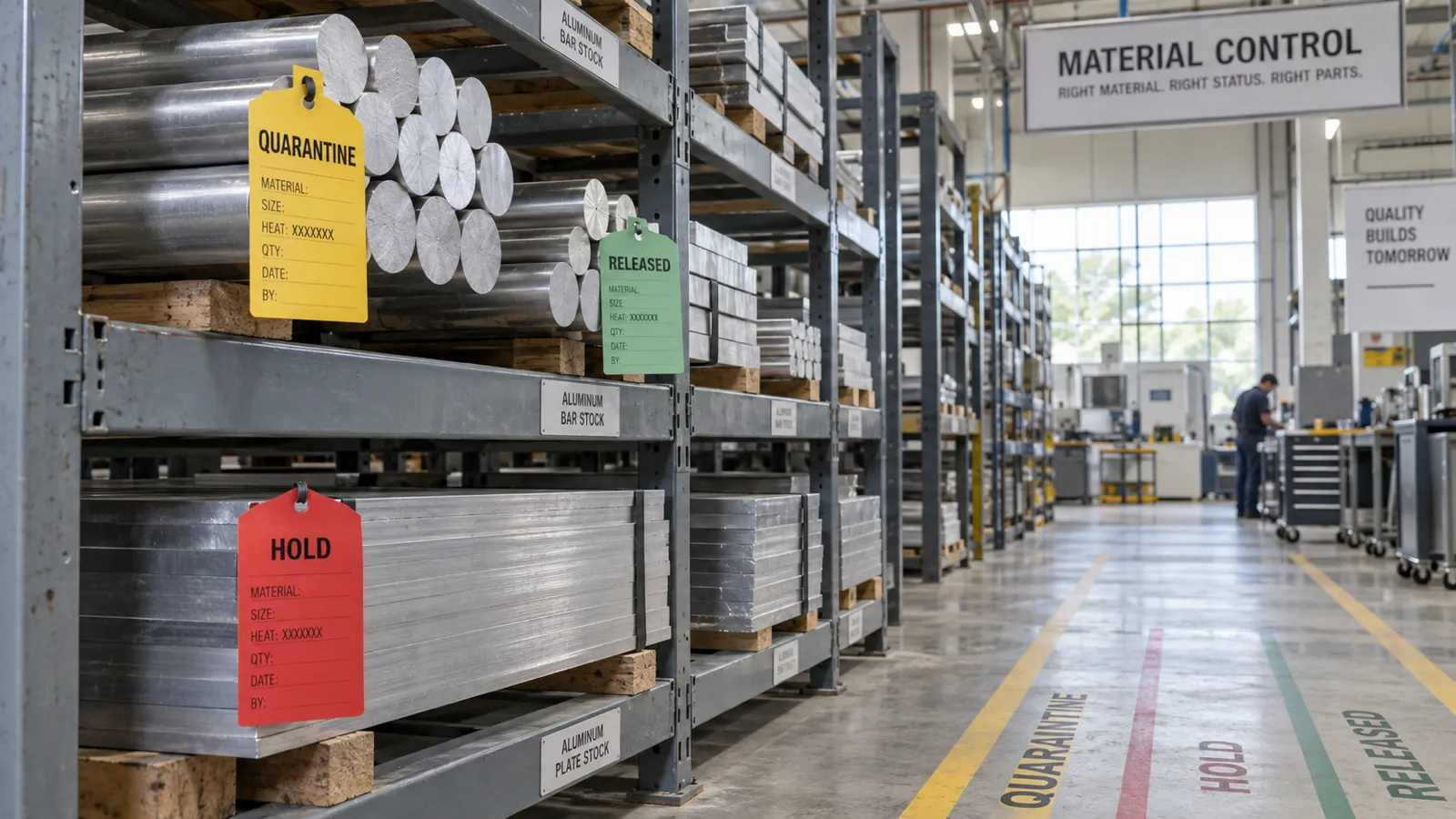 Material control area with aluminum bar and plate stock on racks, each pallet carrying a color-coded quarantine, hold or released status tag, with matching floor markings