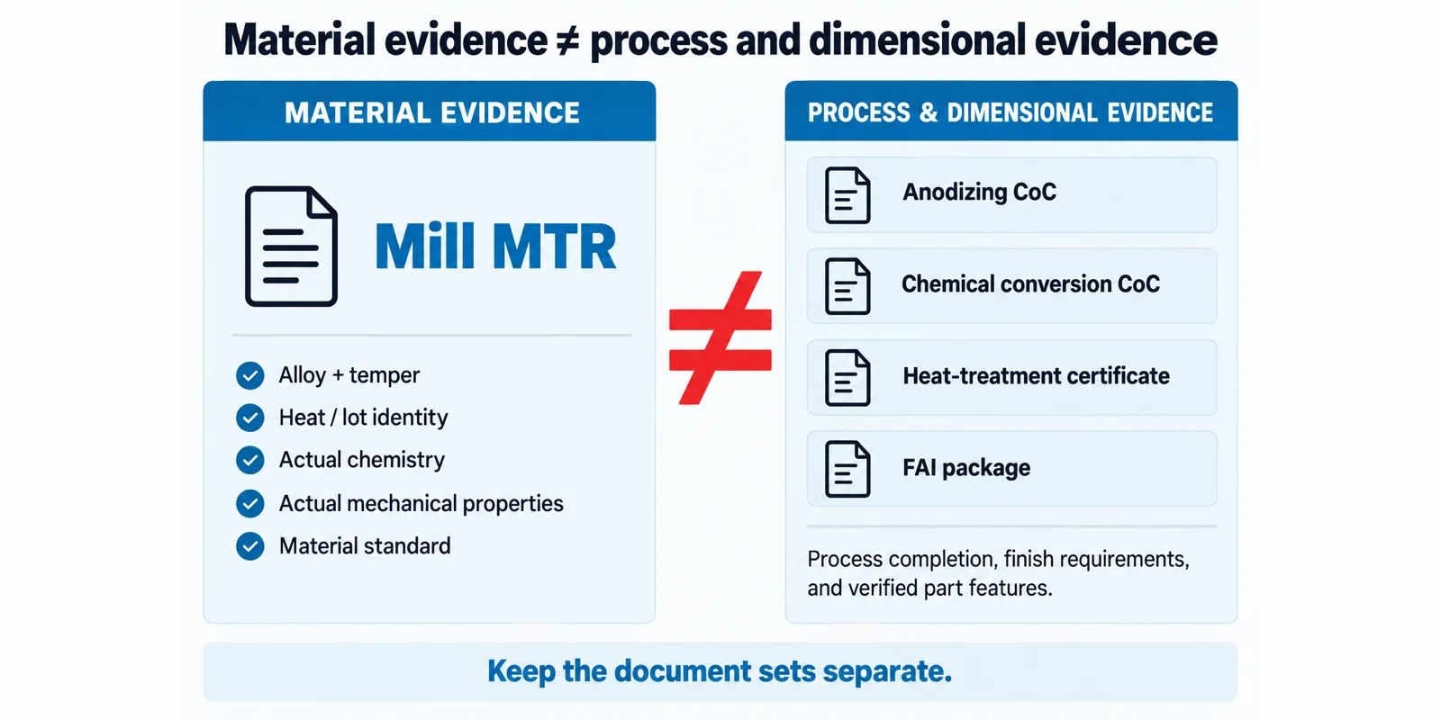 Comparison graphic separating material evidence such as chemistry, temper and heat from process evidence such as anodize and plating certificates