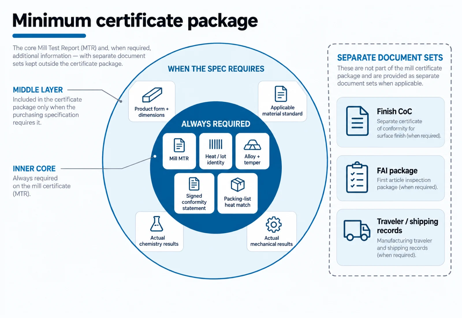 Tiered diagram of the buyer-facing mill certificate package, separating the baseline material documents from finish certificates and first article inspection
