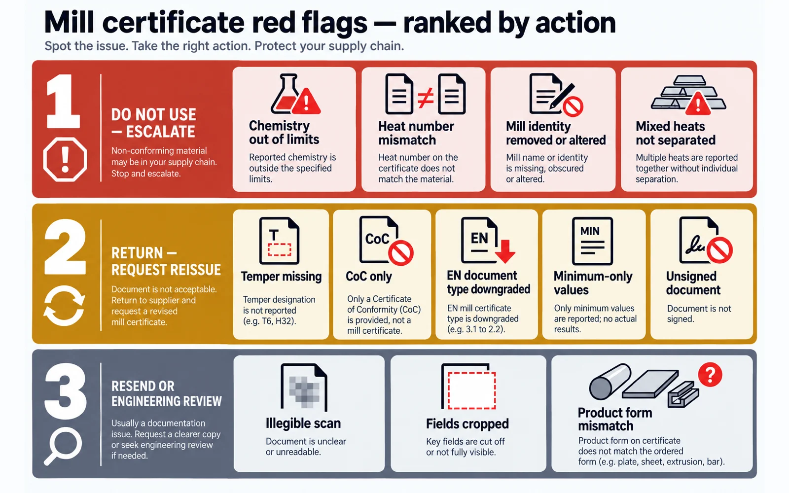Ranked list of mill certificate red flags, from a missing temper designation and heat mismatches through to distributor-altered PDFs that strip the producer identity