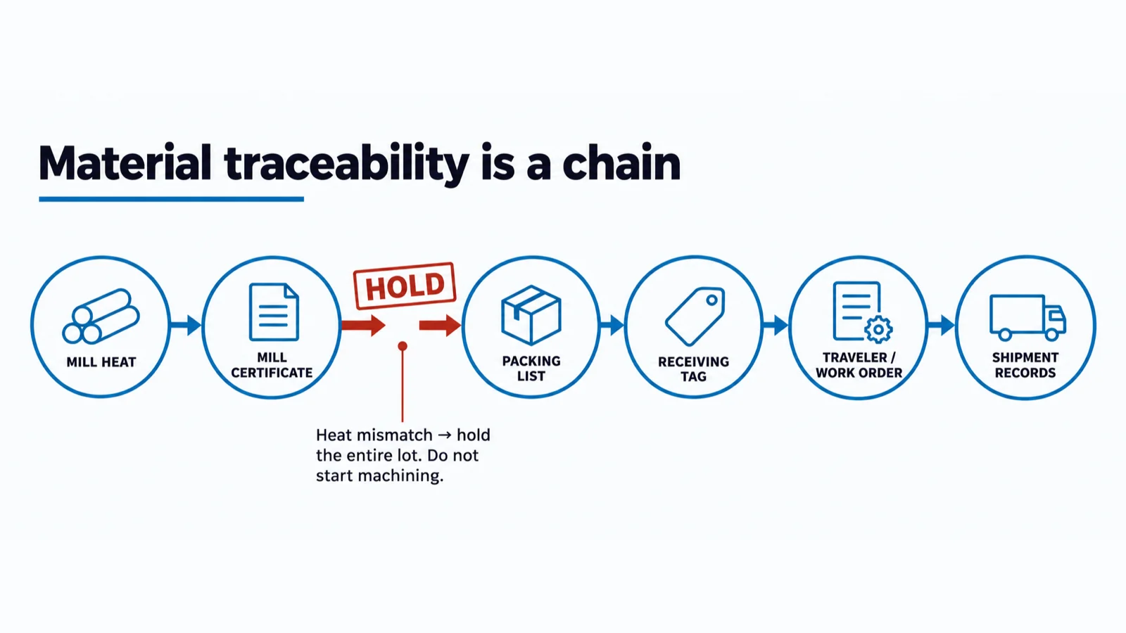Chain diagram running from heat or cast number through mill certificate fields, packing list, shop stock ID, traveler and finished-part lot, with a break marked at one link