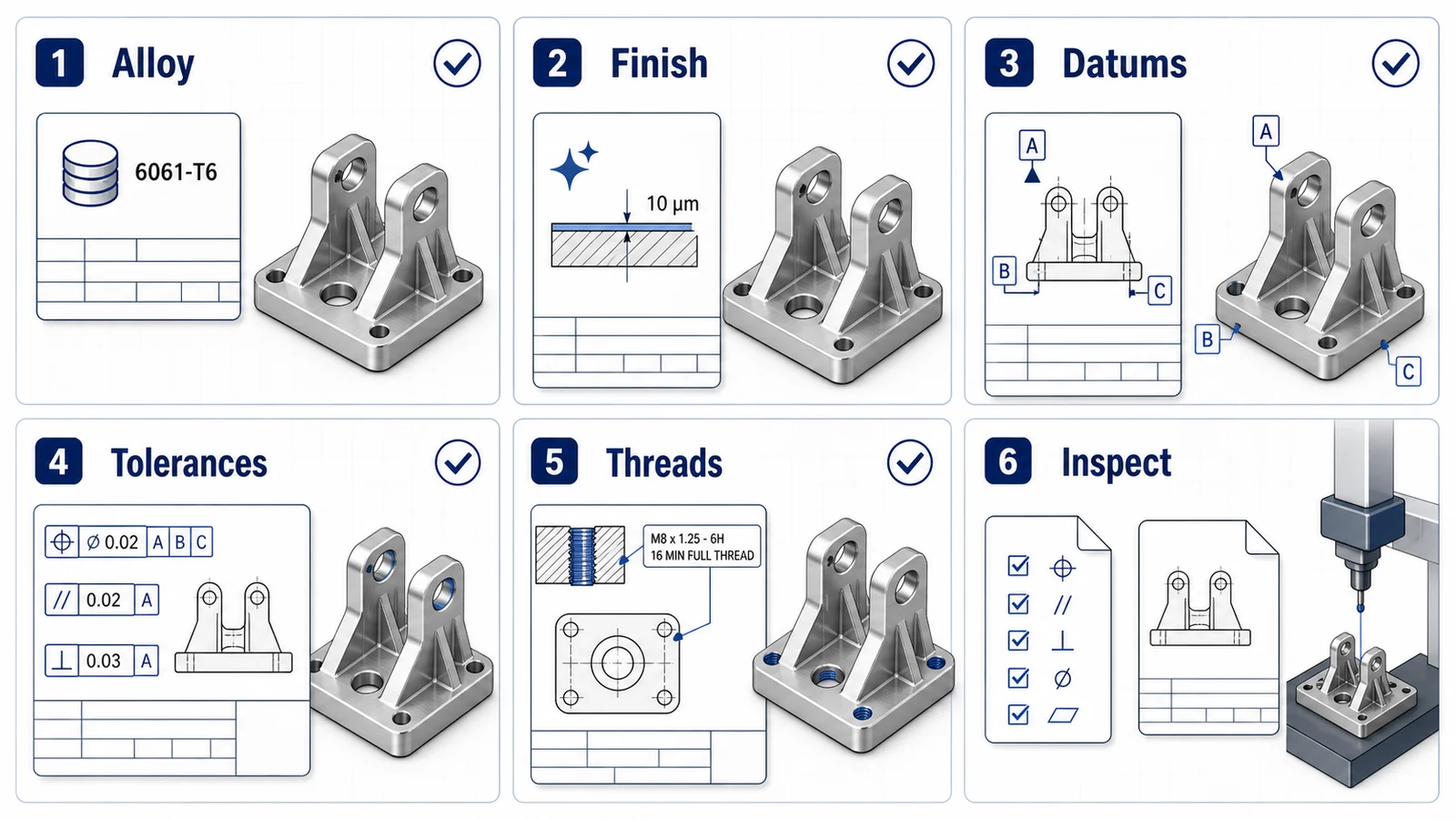 Aluminum CNC drawing review checklist for alloy, finish, datums, tolerances, threads, and inspection requirements