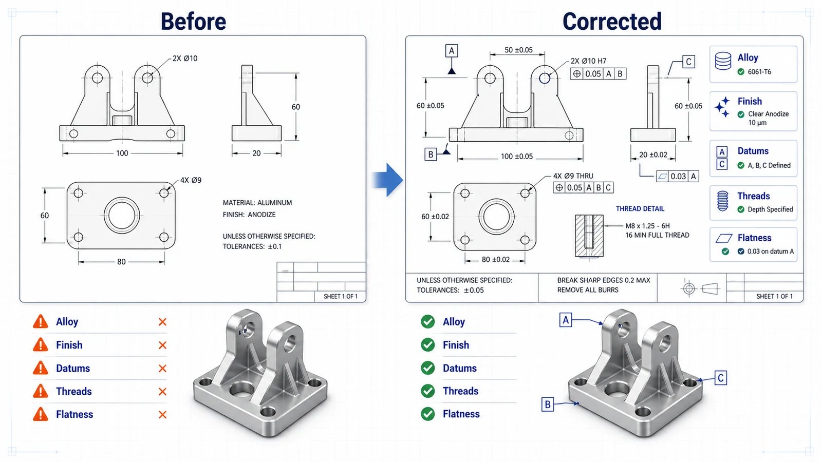 Before and corrected aluminum CNC drawing diagram showing clearer alloy, finish, datums, threads, flatness, and tolerance notes