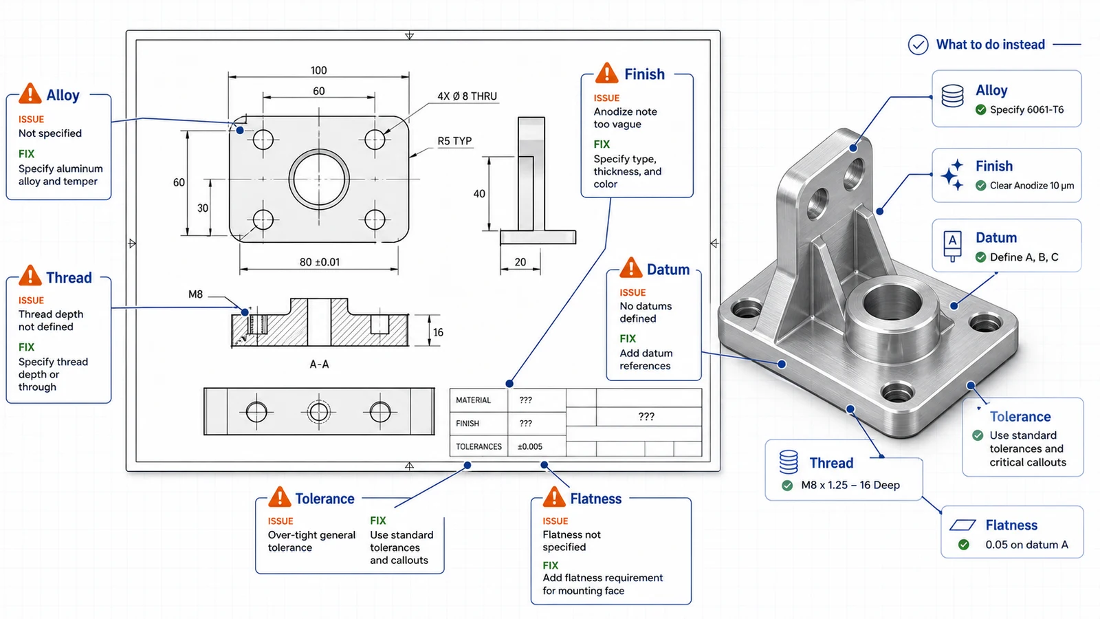 Annotated aluminum CNC part drawing showing missing alloy, vague finish, missing datums, tight tolerances, incomplete threads, and missing flatness