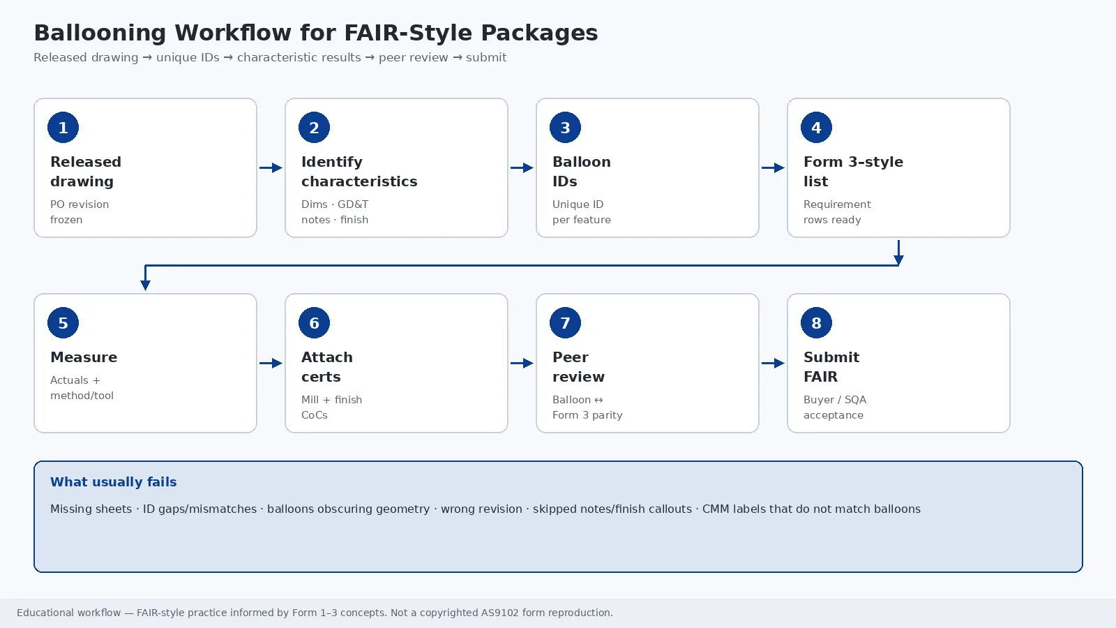 Eight-step ballooning workflow from released drawing through balloon IDs, Form 3–style list, measure, certs, peer review, and FAIR submit