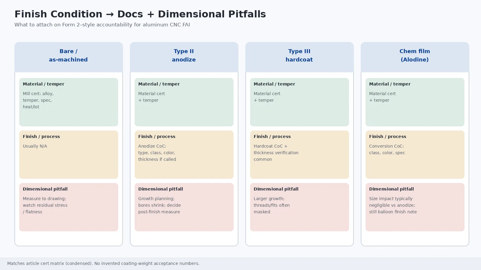 Four-column matrix for bare, Type II anodize, Type III hardcoat, and chem film covering material docs, finish CoCs, and dimensional pitfalls