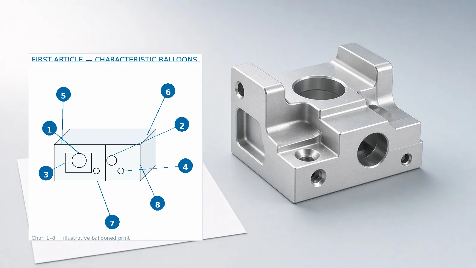 An as-machined aluminum first article beside a ballooned drawing with sequential callouts on an inspection bench