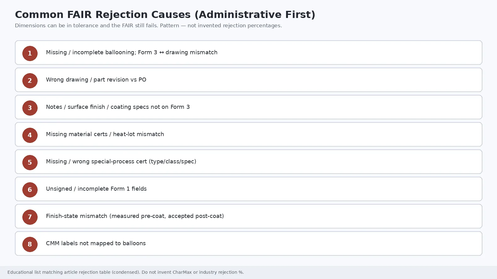 Ranked list of common FAIR rejection causes led by balloon mismatches, wrong revision, missing certificates, and finish-state mismatch