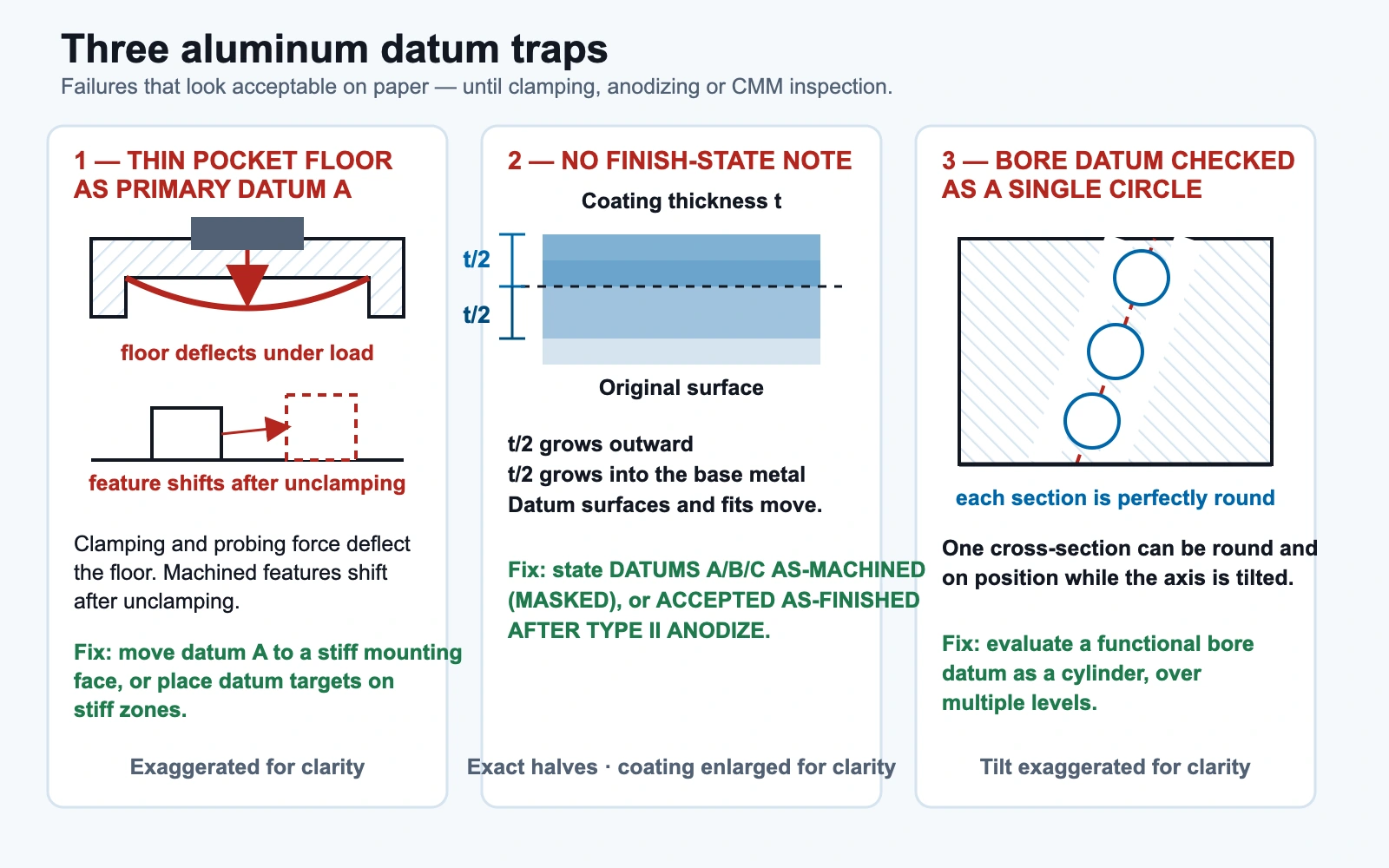 Three aluminum datum traps shown side by side: a thin pocket floor used as primary datum A deflecting under clamping load, a missing finish-state note where anodize grows half outward and half into the base metal, and a bore datum checked as a single circle that reads round while the axis is tilted