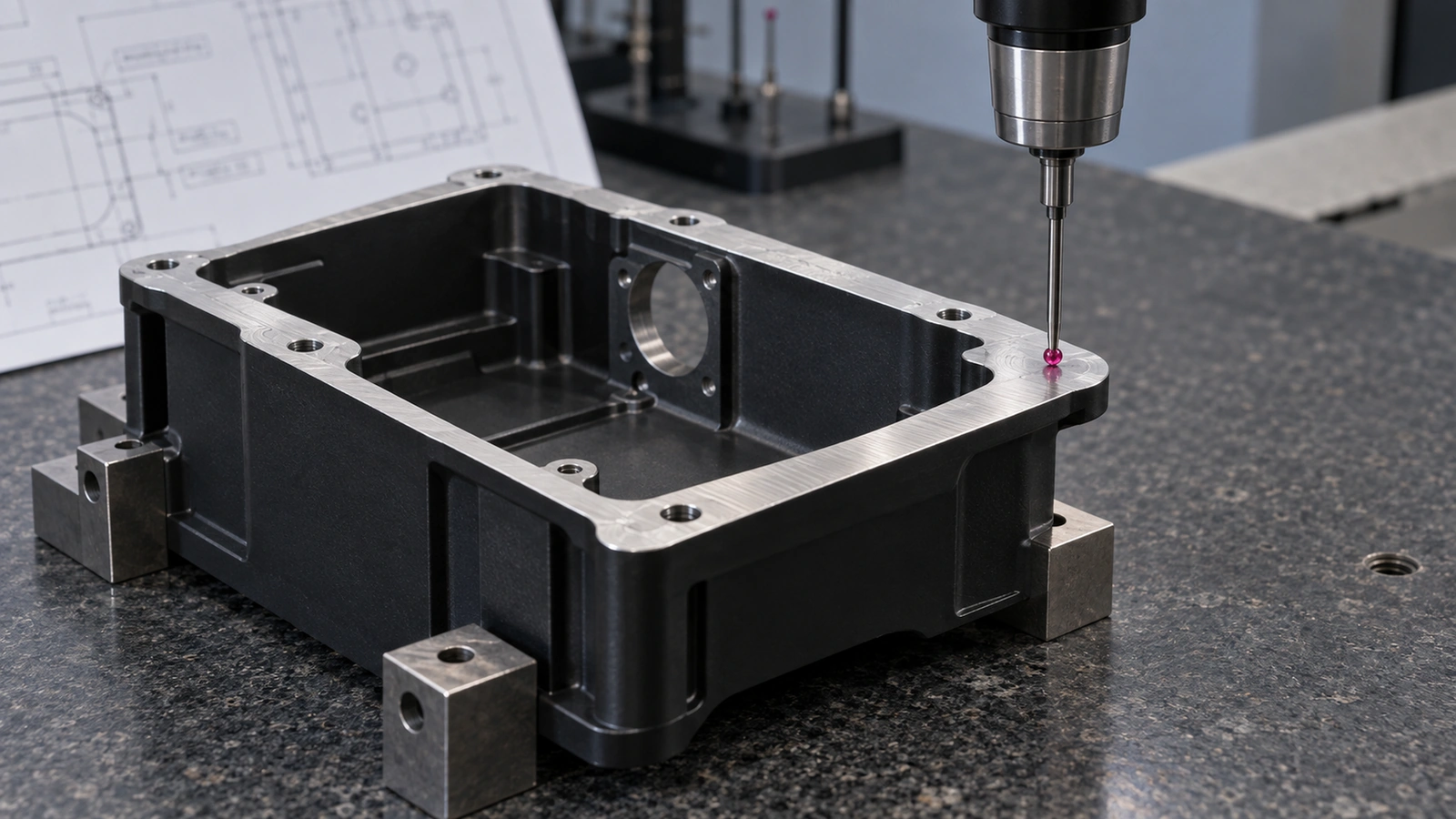 Black anodized aluminum enclosure resting on three precision blocks on a granite surface plate while a CMM ruby probe touches its machined flange face, with a GD&T drawing behind it