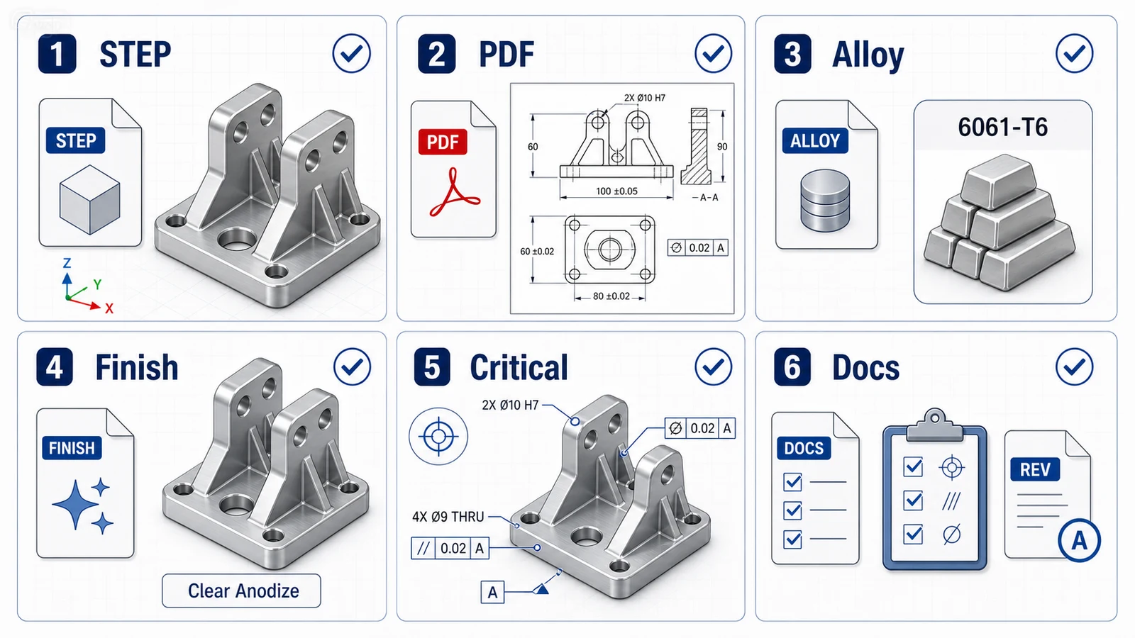 Aluminum CNC quote package checklist for STEP model, PDF drawing, alloy, finish, critical dimensions, and documentation