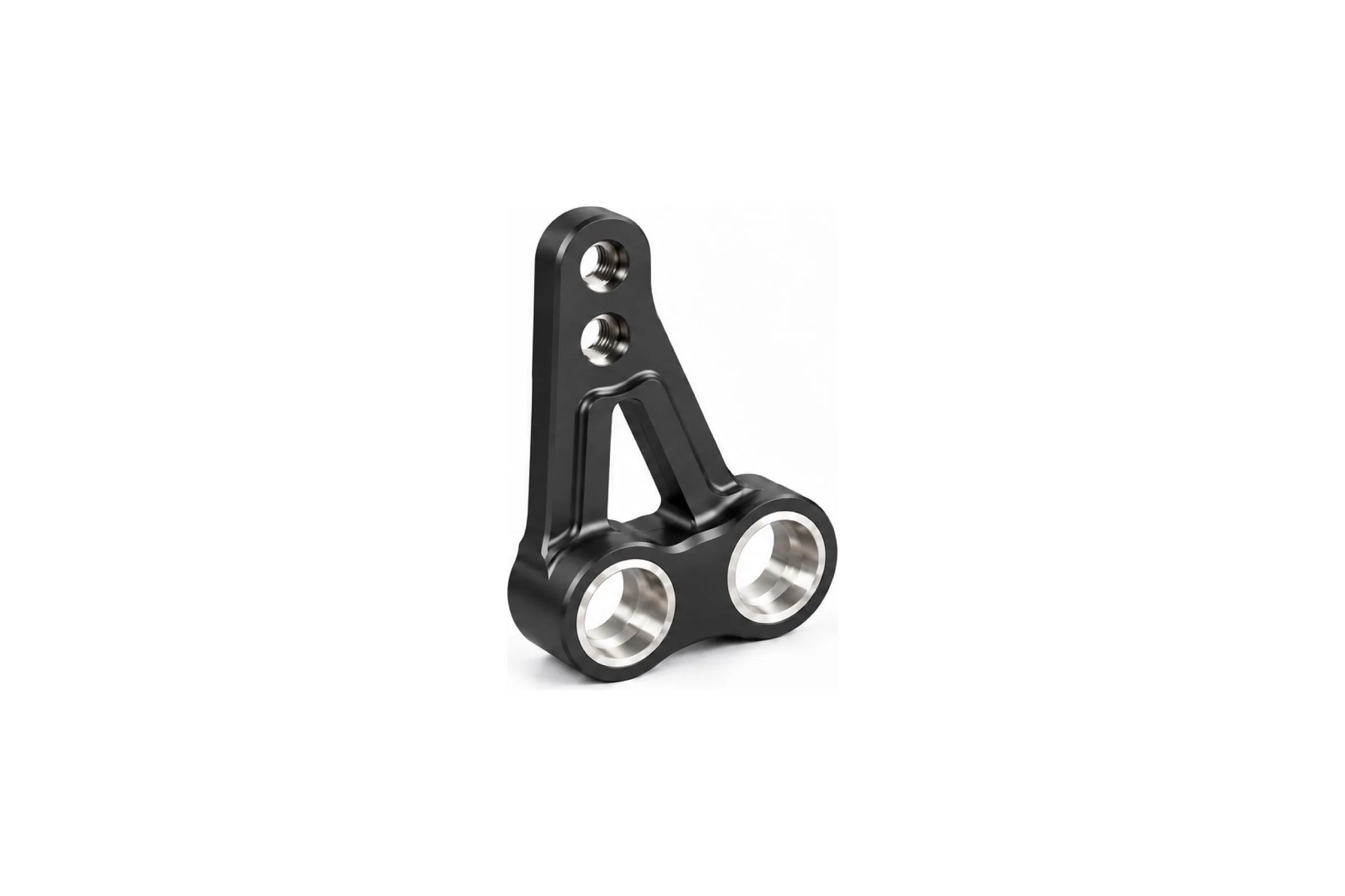 Black hardcoat anodized 7075-T6 aluminum robotic arm bracket with twin bearing bores and a triangulated lightweight web