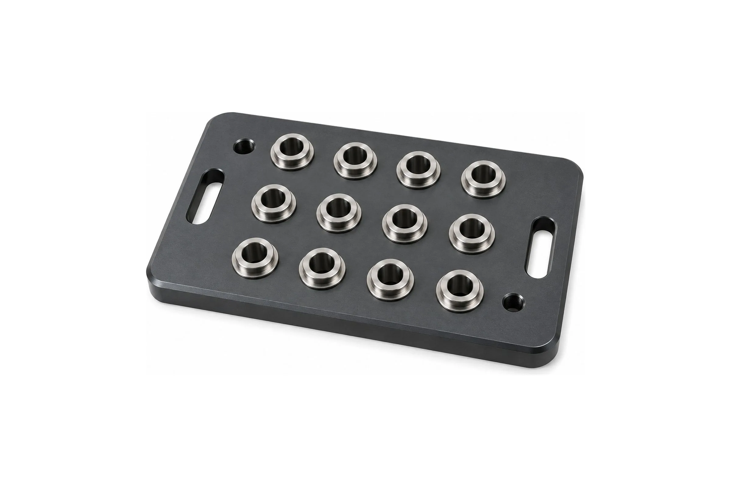 Hardcoat anodized aluminum aerospace drill jig fixture fitted with hardened replaceable steel drill bushings