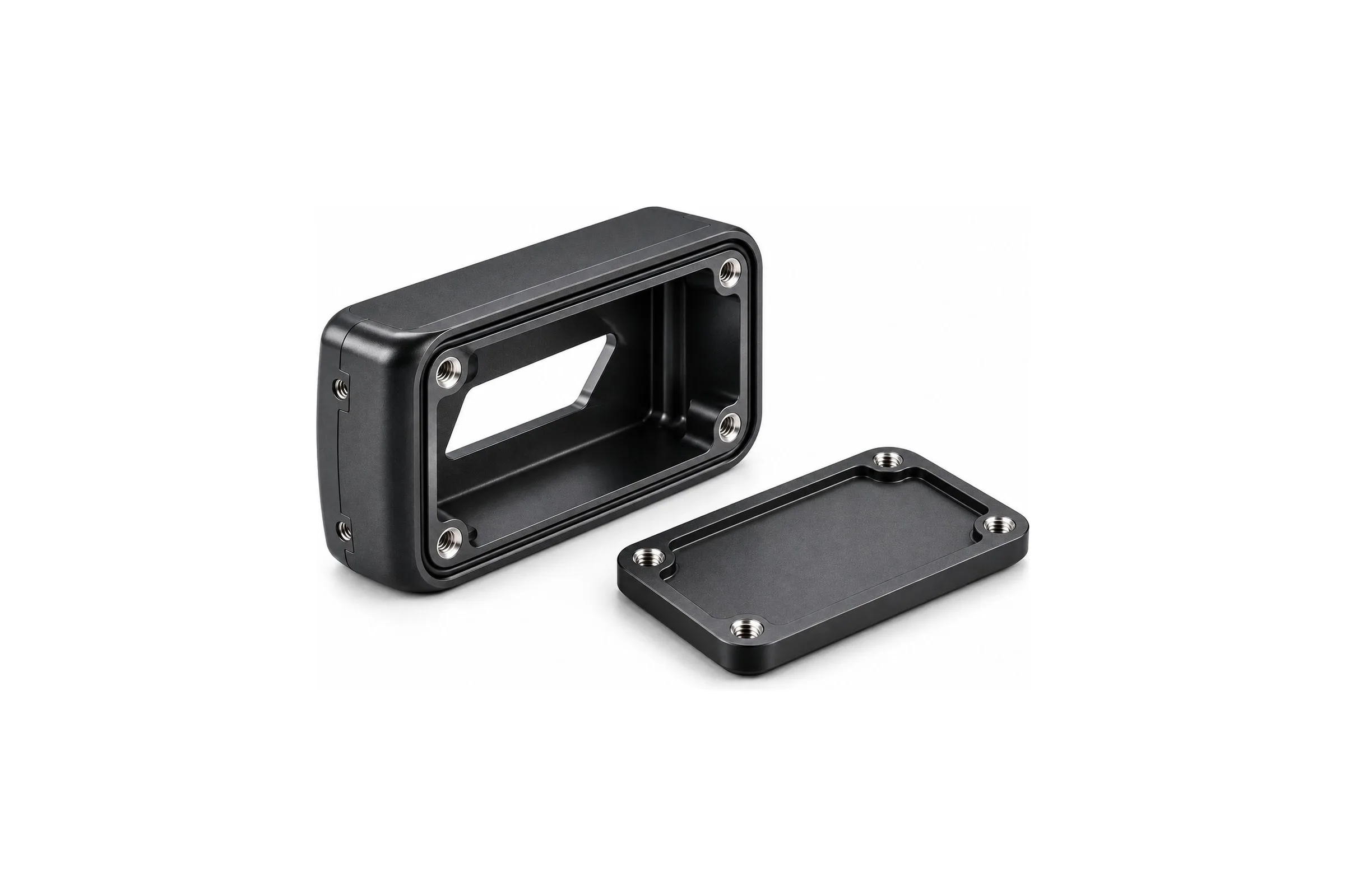 Bead blasted black anodized 6061 aluminum control module enclosure with a removable lid and machined sealing face