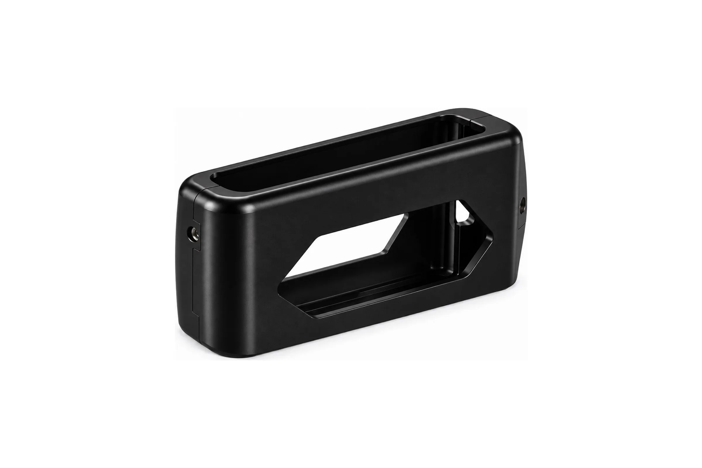 Black anodized aluminum electronics instrument housing machined from 6061-T6 billet with radiused corners