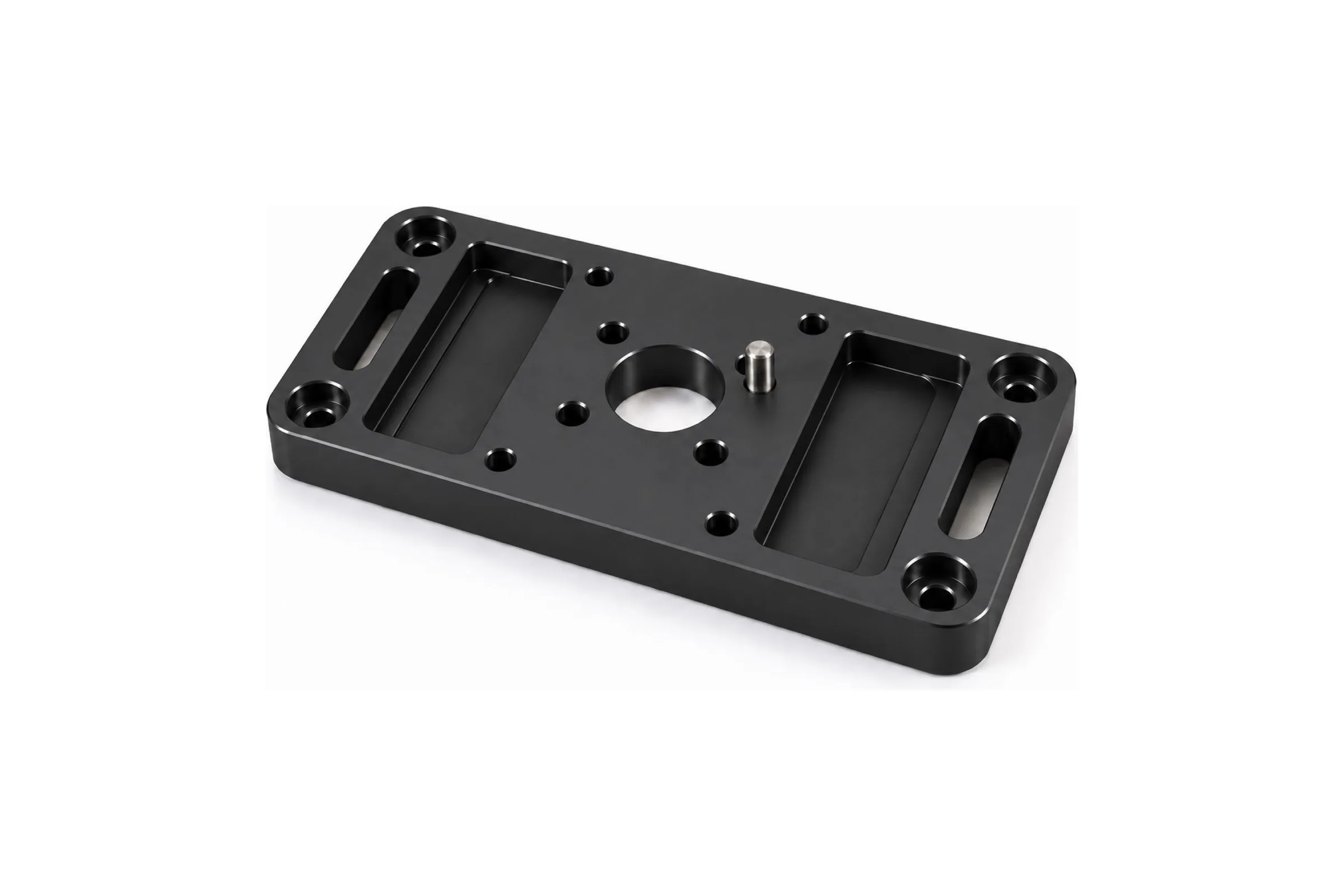 Hardcoat anodized 6061 aluminum end-of-arm gripper baseplate with dowel holes, slots and pocketed weight relief