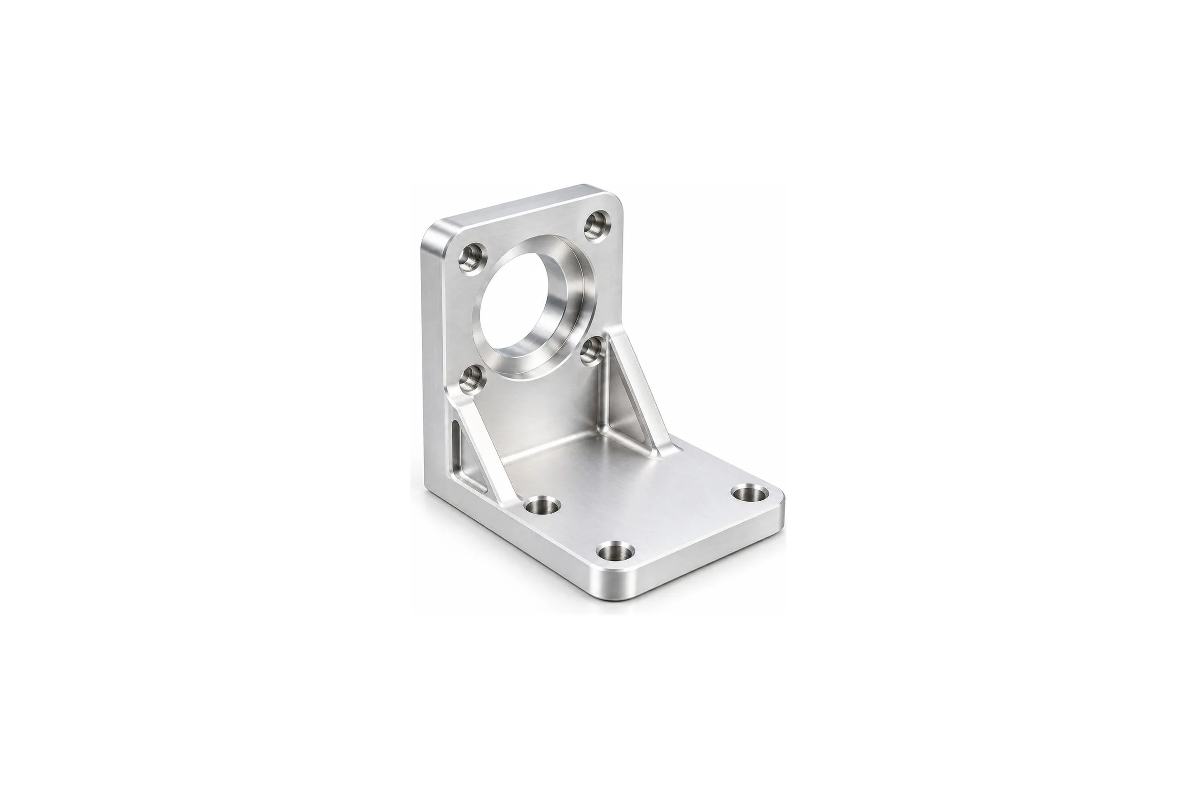 Clear anodized 6061 aluminum motor mount bracket with a concentric pilot bore and gusseted mounting base