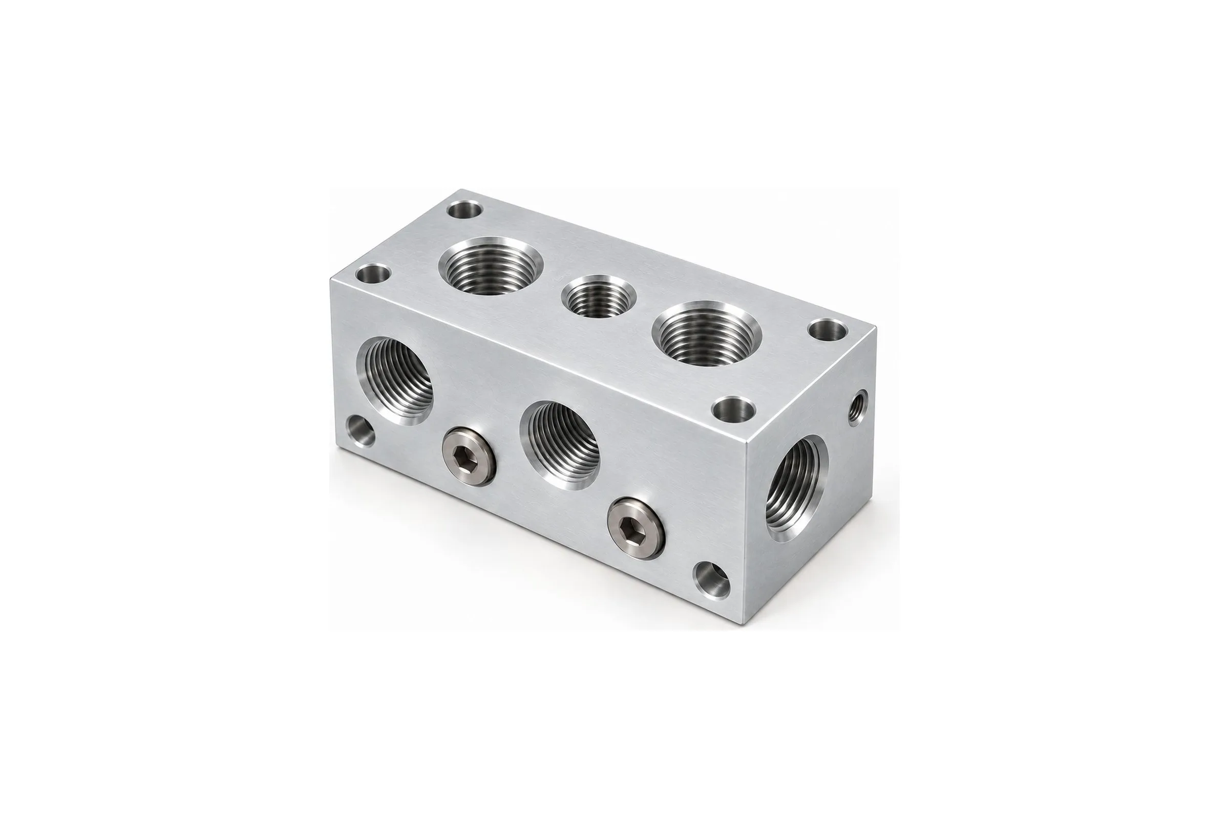 Chem film finished 6061 aluminum pneumatic manifold block with threaded ports machined on multiple faces