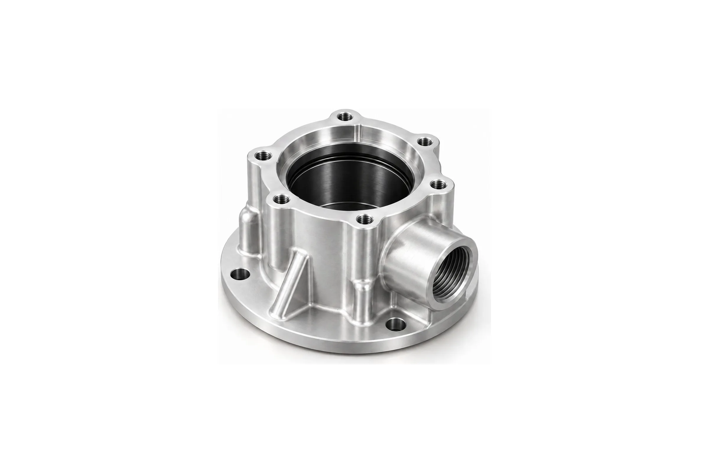 Machined 6061 aluminum pump housing with a sealed bearing bore, bolt circle and threaded fluid ports
