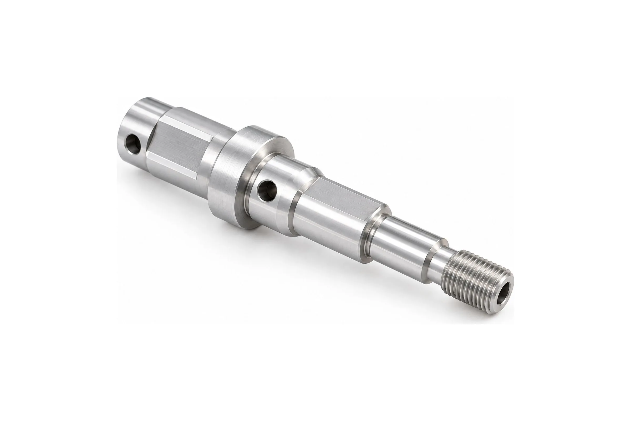 As-machined 7075 aluminum turned shaft with stepped bearing seats and a gauged threaded end