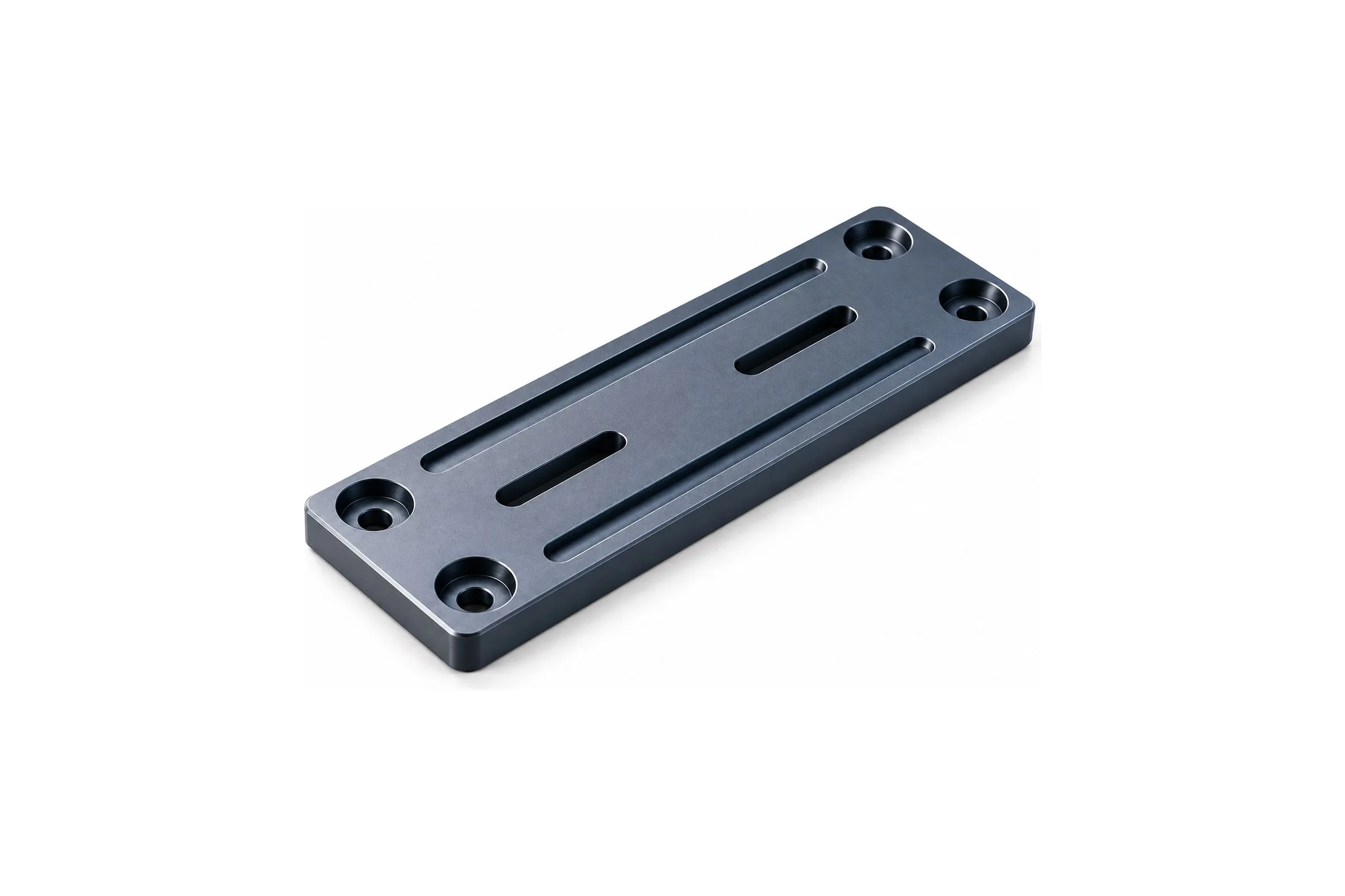 Hardcoat anodized aluminum slide plate with milled slots and counterbored mounting holes on the wear surface