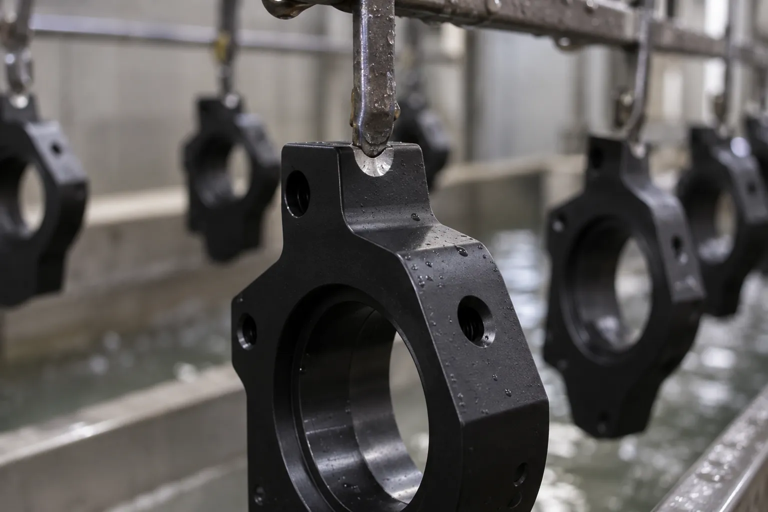 A black anodized aluminum part hanging on an anodizing rack, with a bright uncoated crescent of bare metal where the hook grips it