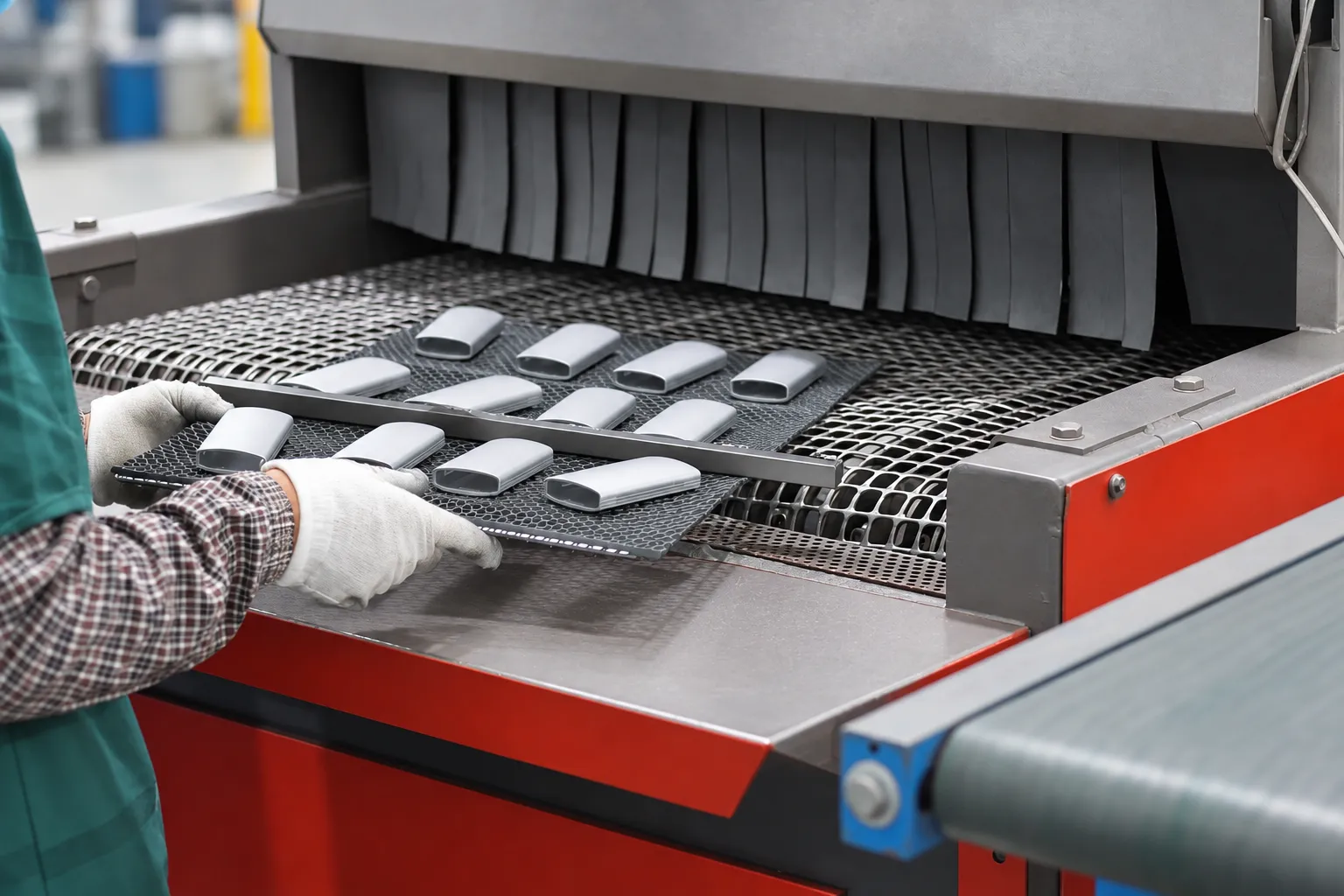 Machined aluminum parts laid out on the mesh conveyor of an in-house bead blasting machine