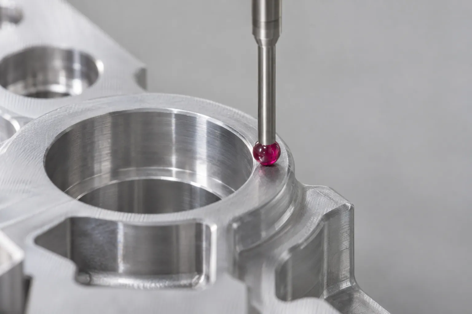 A CMM ruby probe touching the edge of a machined bore boss on an aluminum part