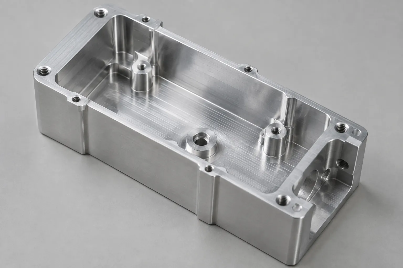 A machined aluminum enclosure viewed at an angle that shows the depth of its pocket, the flat floor and the straight side walls