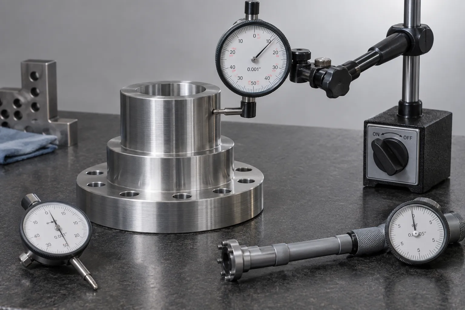 Calibrated dial indicators and bore gauges used for aluminum part inspection