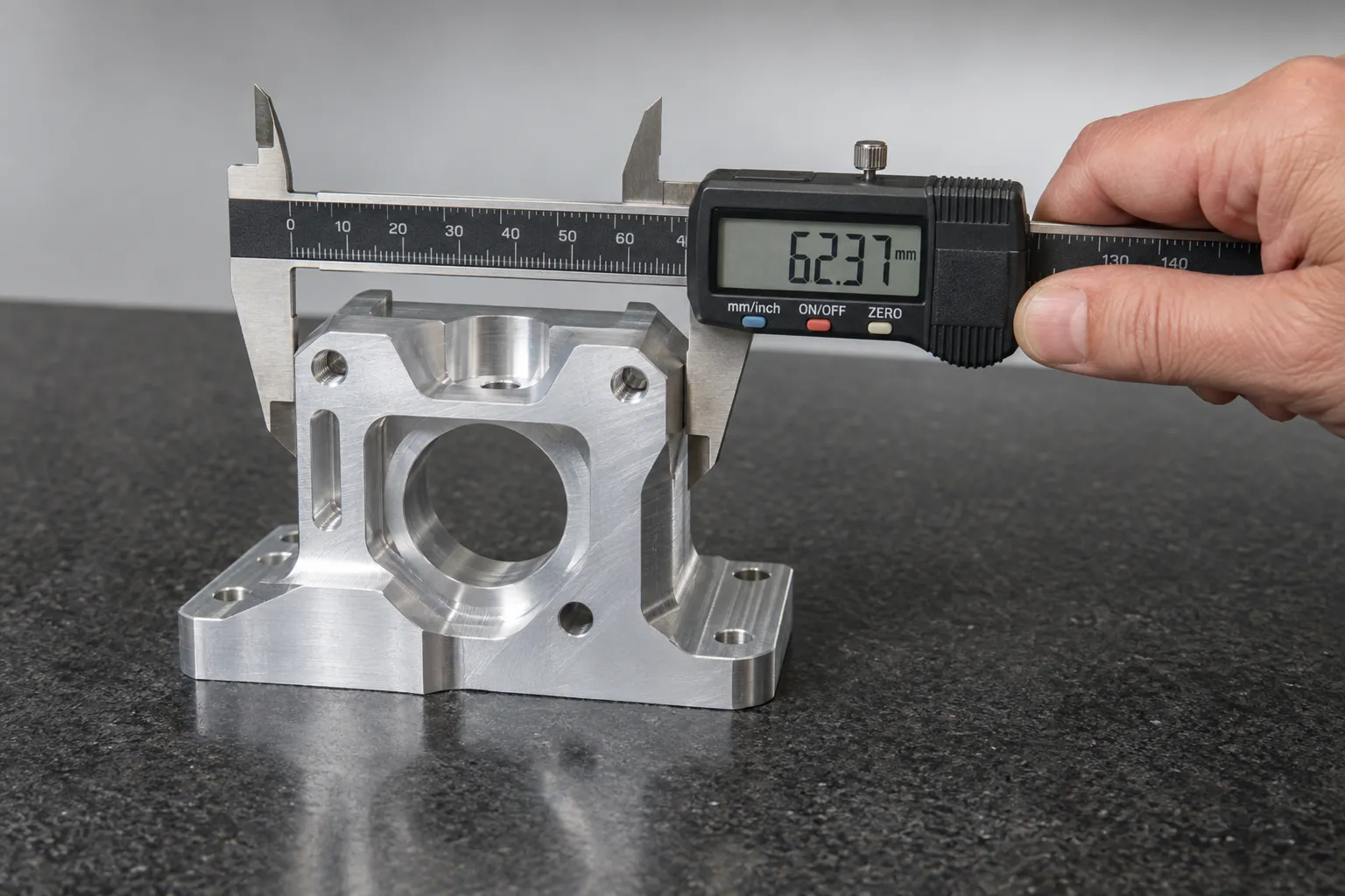 Digital calipers measuring the width of a CNC machined aluminum part