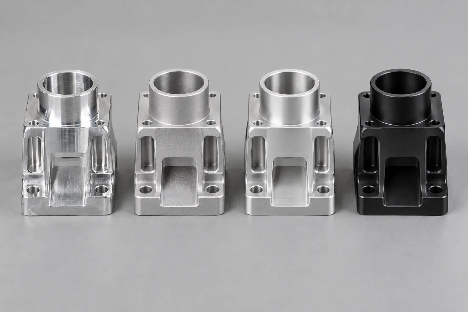 Four identical machined aluminum housings side by side in as-machined, bead blasted, clear anodized and black anodized finishes