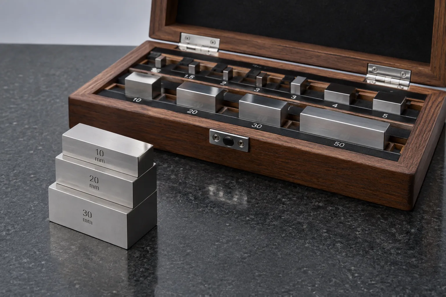 Set of precision gauge blocks used as calibration reference standards