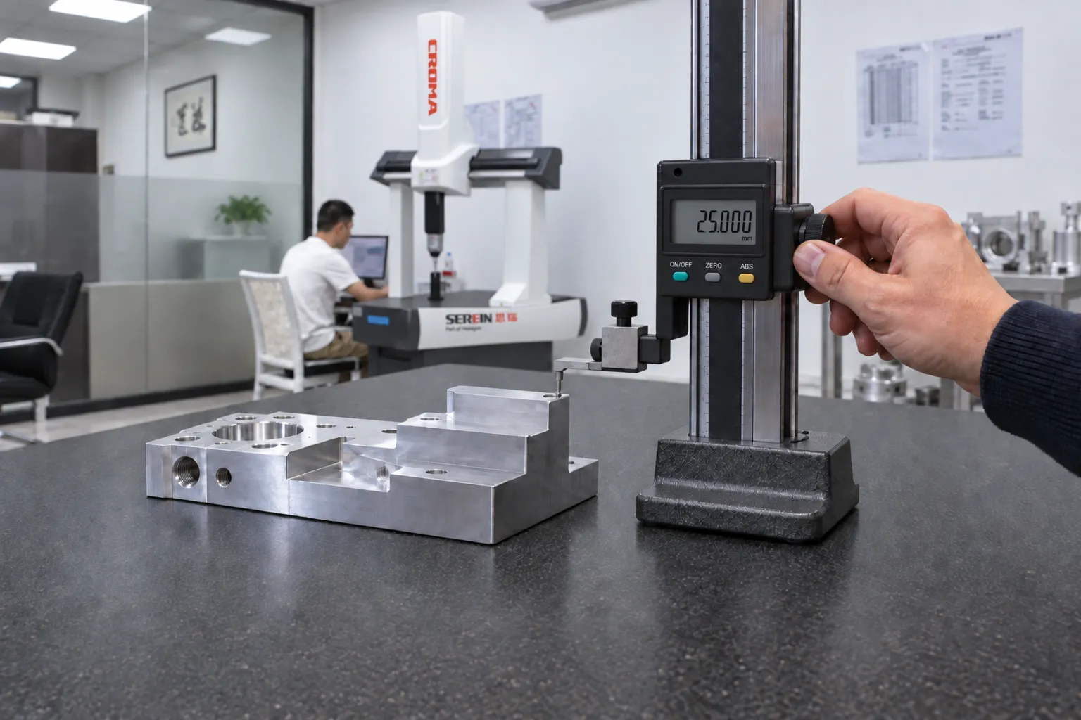 Digital height gauge measuring step heights on an aluminum part on a granite surface plate