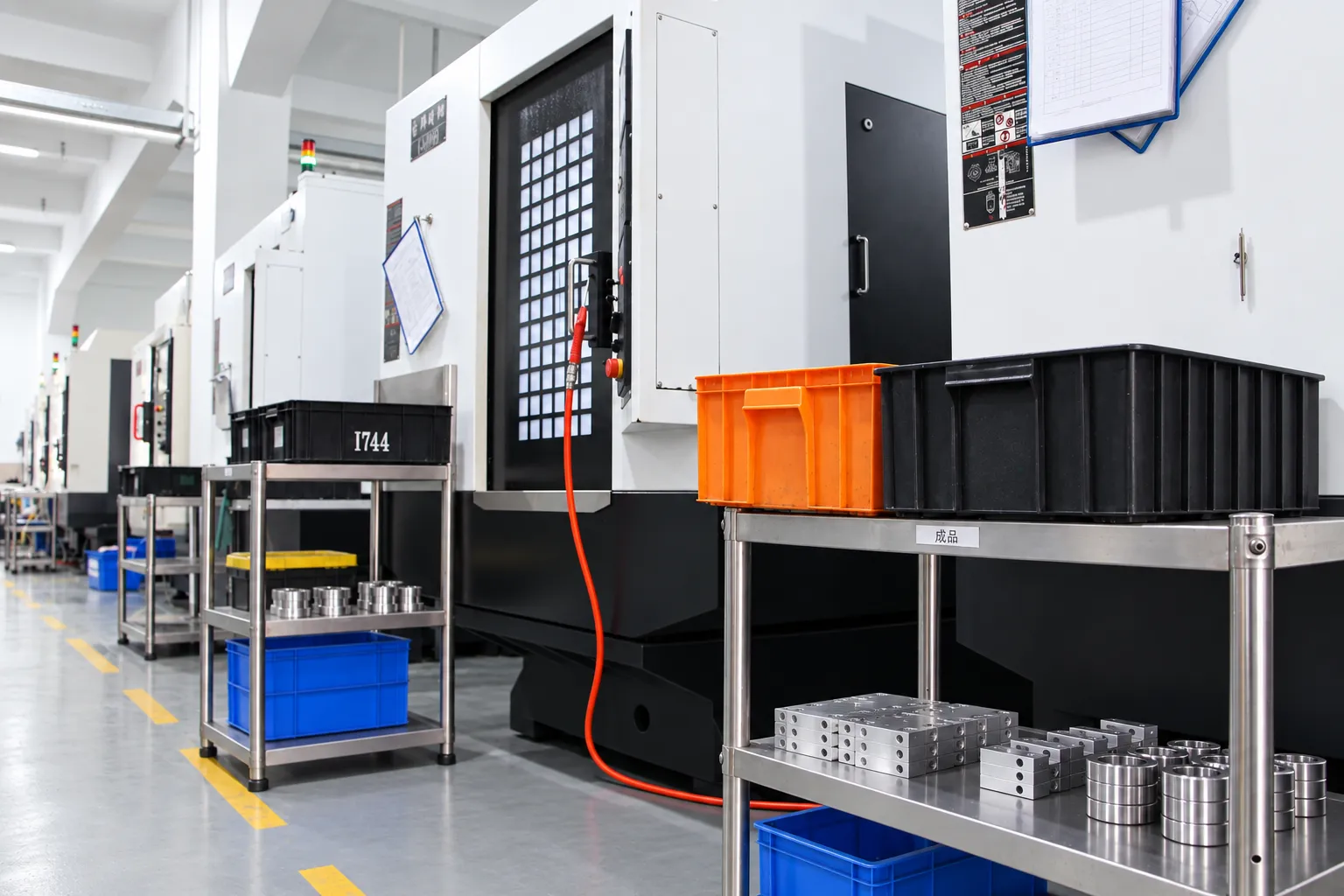 Machined aluminum parts on a trolley beside a vertical machining center, with bins of work in progress