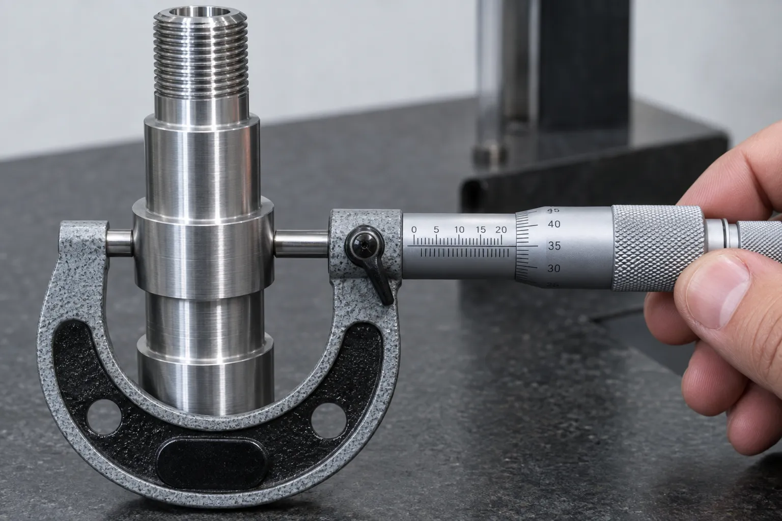 Micrometer measuring the diameter of a turned aluminum shaft