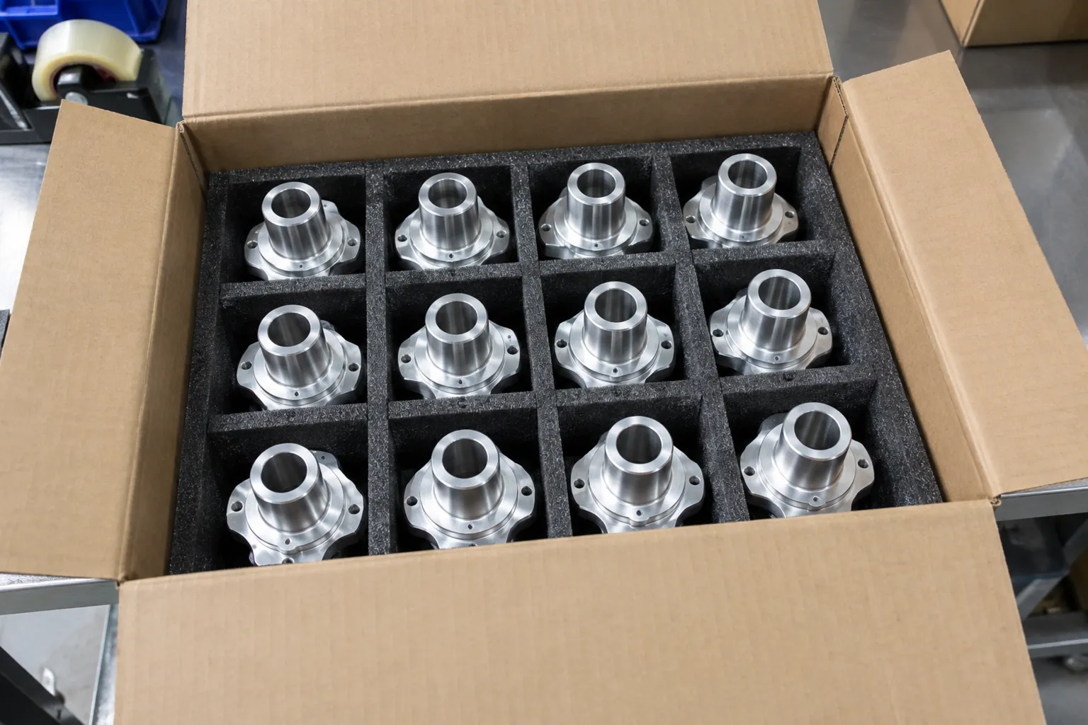 An open export carton with a die-cut foam grid holding twelve turned aluminum parts, each in its own cell