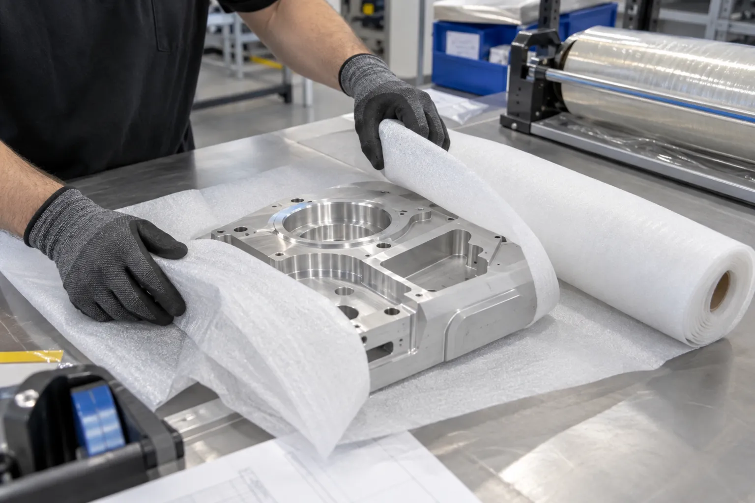 A gloved operator wrapping a machined aluminum plate in protective foam sheet at the packing bench