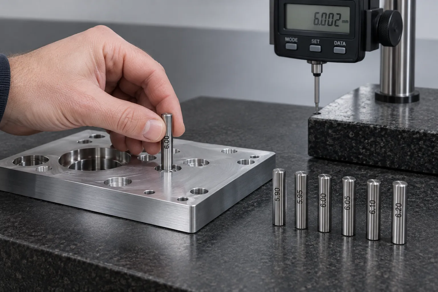 Precision pin gauges verifying a reamed hole diameter in an aluminum part