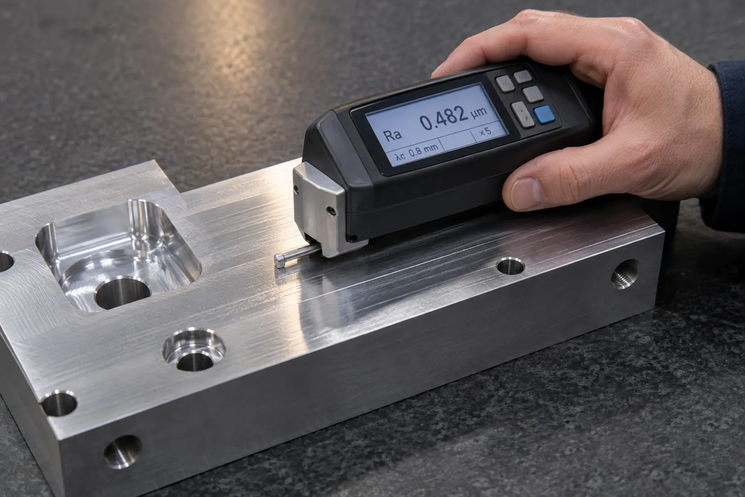 Surface roughness tester measuring Ra on a machined aluminum surface