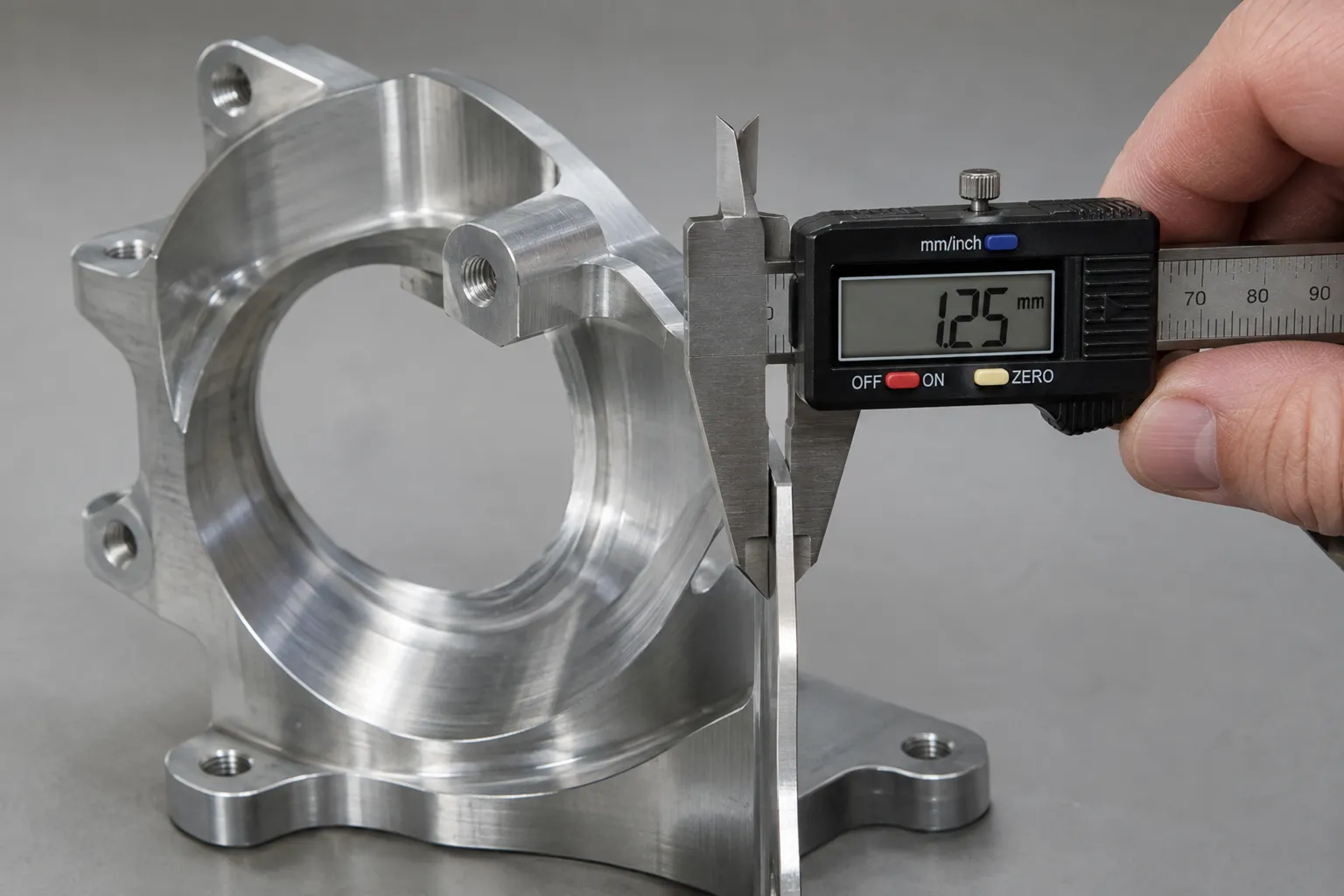 Digital calipers measuring the wall of a machined aluminum housing, the display reading 1.25 millimeters